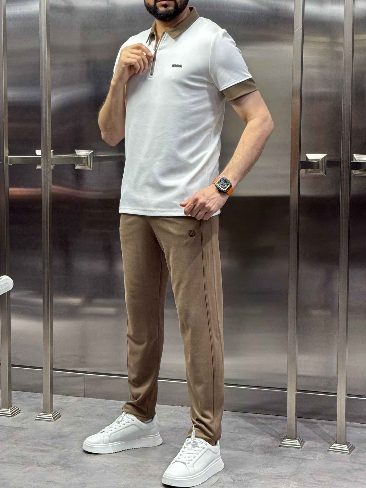 Zegna Beyaz Kahverengi Eşofman Takımı